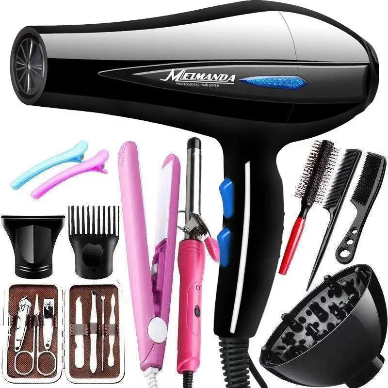 Ensemble de sèche-cheveux professionnel 1000 W - Comprend un fer à lisser et à friser, un sèche-cheveux compact avec lumière bleue et ionique négatif pour un usage domestique