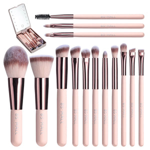 BS-MALL 14PCS Travel Makeup Brush Set - Portable LED Mirror & Cosmetic Brushes with Private Label