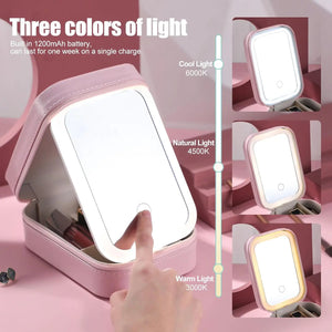 BS-MALL Pinceaux de maquillage avec étui - Miroir LED portable et kit de rangement pour bijoux Kit de maquillage de voyage 