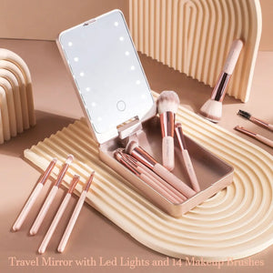 BS-MALL 14PCS Travel Makeup Brush Set - Portable LED Mirror & Cosmetic Brushes with Private Label