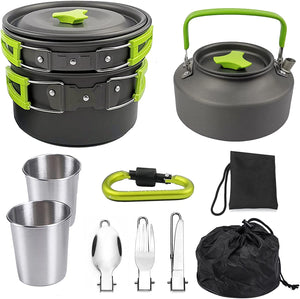 Outdoor Cookware Set Camping Cooker Set Camping Equipment Mountaineering Aluminum Cooker BBQ Tableware Camping Pot Set Suitable for 2~3 People - Green