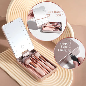 BS-MALL 14PCS Travel Makeup Brush Set - Portable LED Mirror & Cosmetic Brushes with Private Label