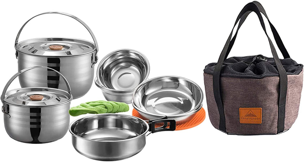 CAMPINGMOON Stainless Steel Outdoor Camping Nesting Mess Kit Cookware Set Pots Pans with Storage Carrying Bag